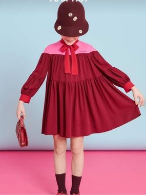 MIMISOL Girls Two-Tone Burgundy and Hot Pink Bow Dress